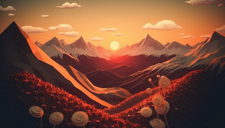 Beautiful sunset in the mountains. 3d illustration. Vintage style.の素材