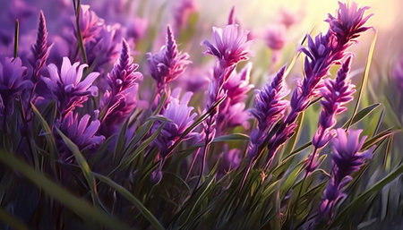 Lavender flowers in the field at sunset. Close-upの素材