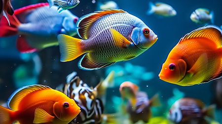 Underwater world aquarium scene with colorful tropical fish swimming in water.の素材