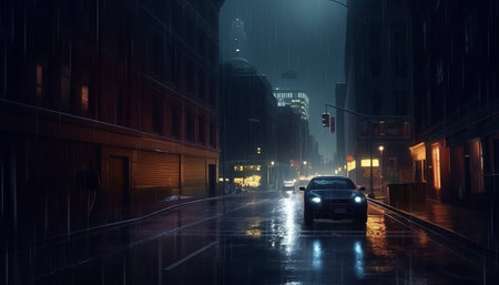 Car driving on wet street in city at night. 3D renderingの素材
