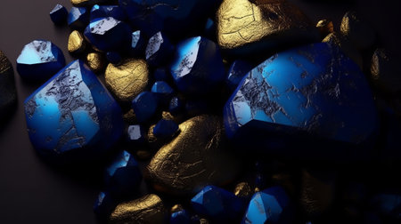 3d render, abstract background with blue and gold stones, closeupの素材