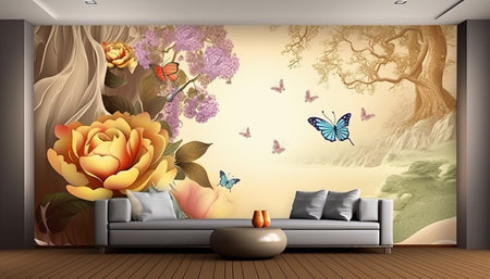Illustration of a modern living room interior with a sofa and flowersの素材