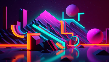 3d render, abstract geometric background, neon lights, 80s-90s styleの素材