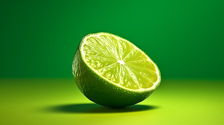 Slice of lime on a green background. 3D illustration.の素材