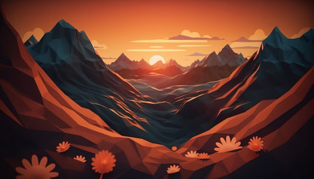Landscape with mountains and sun at sunset. 3D illustration.の素材