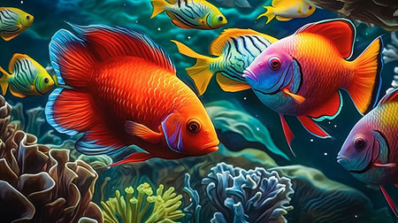 Underwater scene with fishes swimming near coral reef - illustration for childrenの素材