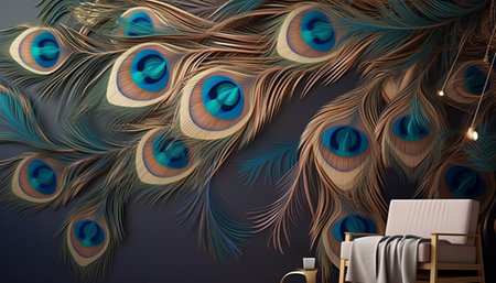 Peacock feathers on the wall. 3d render illustration.の素材