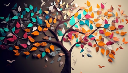 Autumn tree with colorful leaves. 3d illustration. Abstract background.の素材