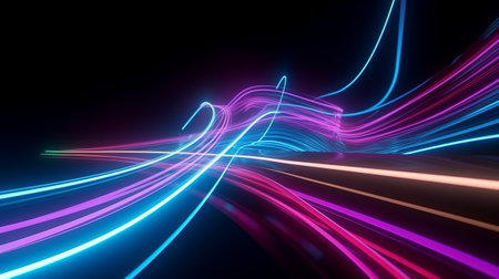 3d rendering of abstract background with neon lights. Glowing lines in the darkの素材