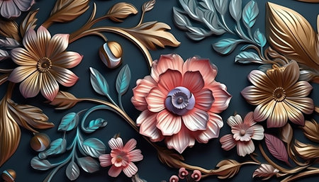 3d render, abstract floral background, flowers and leaves, digital illustrationの素材