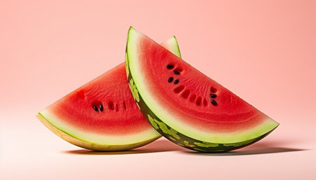 Watermelon slices isolated on pink background. Two slices of watermelon.の素材