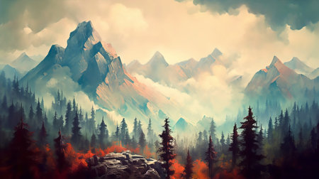 Foggy mountains landscape with forest and fire. 3d illustrationの素材
