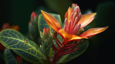 Close up of red and orange flower with green leaves in the gardenの素材