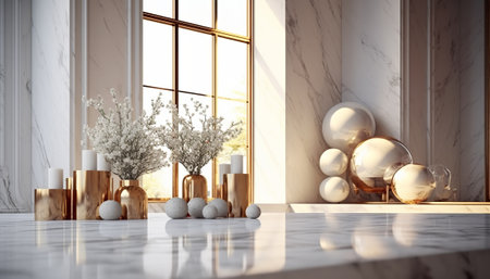Modern bathroom interior with white marble walls, tiled floor, white bathtub, round mirror and gold candles. 3d renderingの素材
