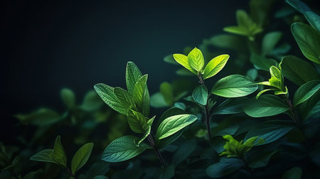 Green leaves on dark background. Nature and environment concept. 3D Renderingの素材