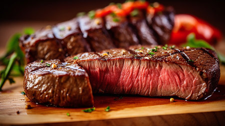 Grilled beef steak with herbs and tomatoes on wooden cutting board.の素材