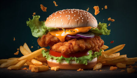 Big hamburger with chicken nuggets, cheese and french fries on dark backgroundの素材