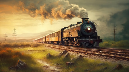 Vintage steam locomotive on the railway at sunset. 3d renderingの素材