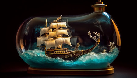 Sailboat in a glass jar on a black background. 3d illustrationの素材