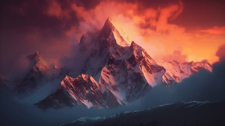 Mountain landscape with snow covered peaks at sunset. 3d renderの素材