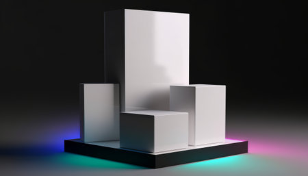 Product display stand in dark room. 3d render. Abstract background.の素材