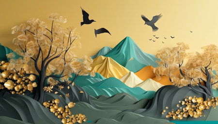 3d rendering of abstract landscape in paper cut style with mountains, trees and birds.の素材