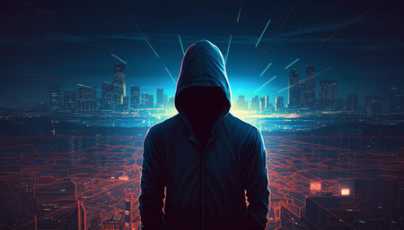 Hacker in dark hoodie with glowing city background. Hacking conceptの素材