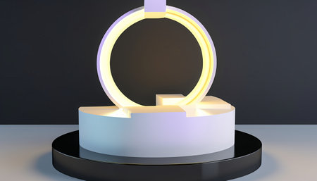 3d render, abstract background, round pedestal with neon lightの素材