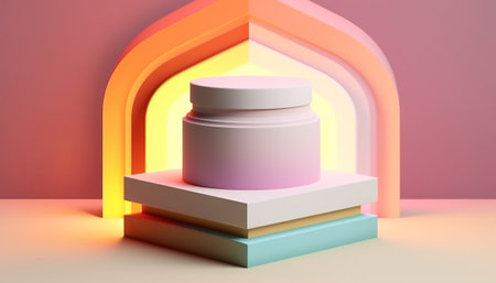 3d rendering of a podium for displaying cosmetic products in neon light.の素材