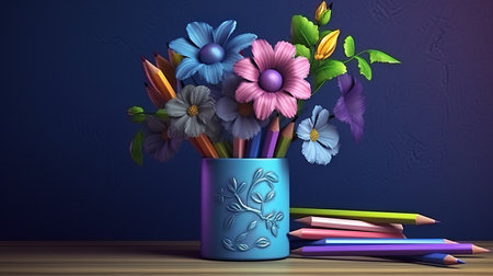 3d render of a vase with colorful flowers and pencilsの素材