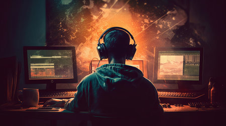 Man in headphones playing video games on computer at night with lights and smokeの素材