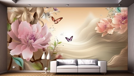 Living room with white sofa, flowers and butterflies. 3d renderingの素材
