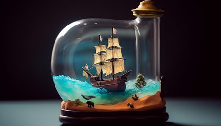 Sailing ship in a glass jar on a black background. 3d renderingの素材
