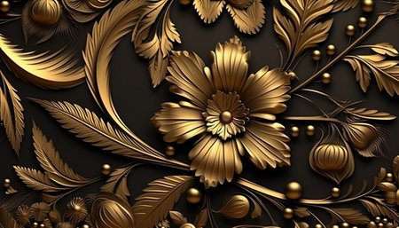 3D render, abstract background with gold floral ornament. 3D illustration.の素材