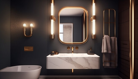 Interior of modern bathroom with dark gray walls, concrete floor, comfortable white bathtub and double sink with golden mirror. 3d renderingの素材