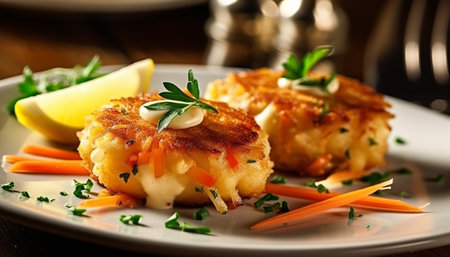 Potato Cakes with Carrot and Parsley on a Plateの素材