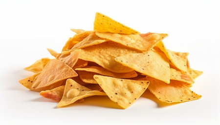 Nachos chips isolated on white background. Close up of nachos chips.の素材