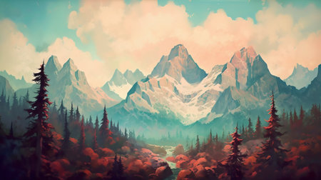Fantasy landscape with mountains and forest. Digital art painting style.の素材