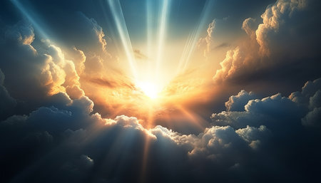 Sunset in the sky with clouds and rays of light. 3d renderingの素材