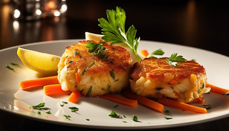 Fish fillet baked with carrots and parsley on a white plateの素材