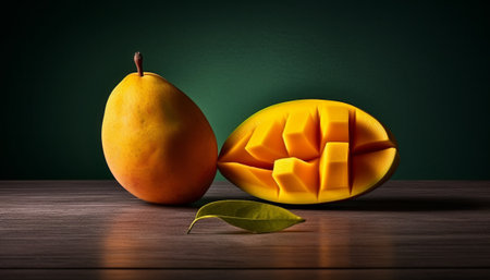 Mango fruit on wooden table and green chalkboard background. Healthy food concept.の素材