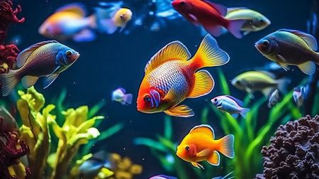 Colorful tropical fish swimming in an aquarium. Underwater world.の素材