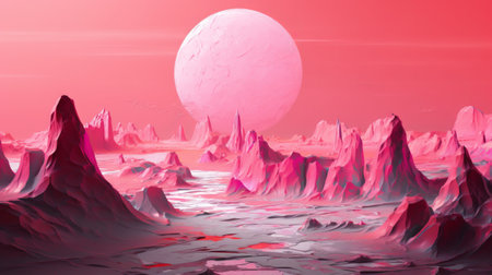 Fantasy alien planet. Mountain, lake or river. 3D illustrationの素材