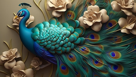 Peacock with peacock feathers and flowers. 3d renderingの素材