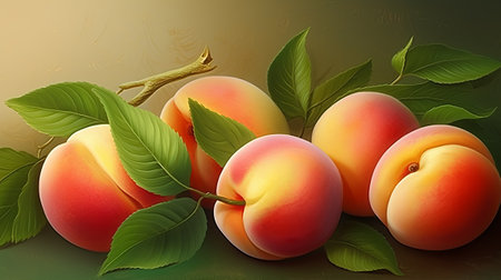Apricots with leaves on a green background. Vector illustration.の素材