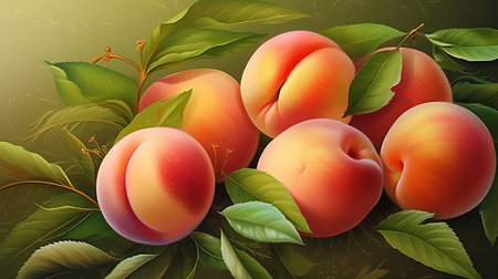 Ripe apricots with leaves on a green background. Vector illustration.の素材