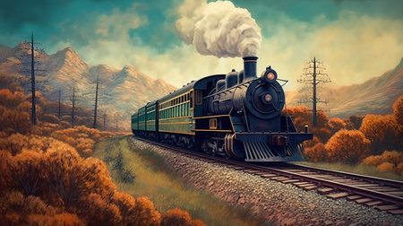 Vintage steam train in the autumn forest. 3D illustration.の素材
