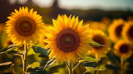 Sunflower field at sunset in summer. Sunflower blooming.の素材