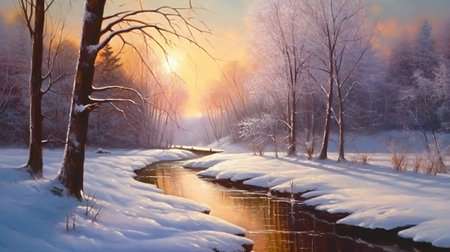 Beautiful winter landscape with snow-covered trees and a river at sunsetの素材