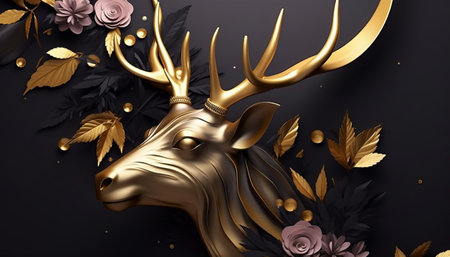 3d render of golden deer with black background and gold leaves.の素材
